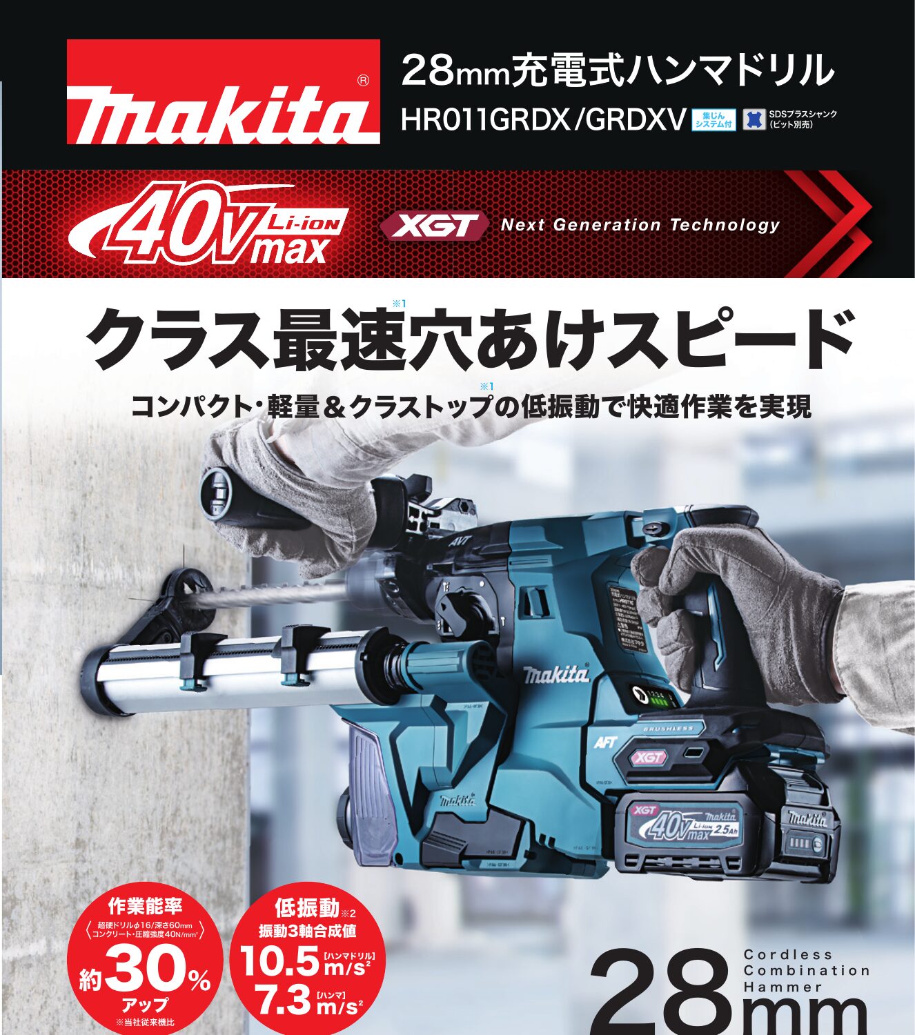 マキタ HR011G 40Vmax 28mm充電式ハンマドリルの公式製品画像