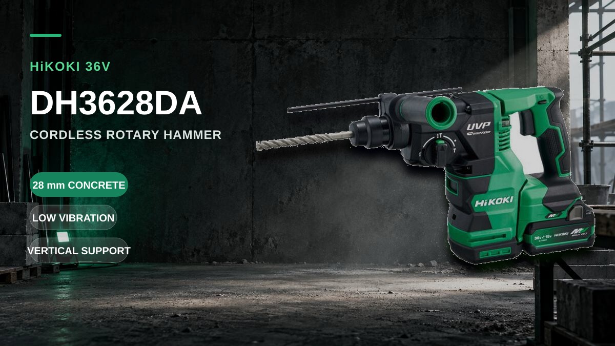 暗いコンクリート施工現場を背景にHiKOKI DH3628DAの公式実物写真を配置したアイキャッチ