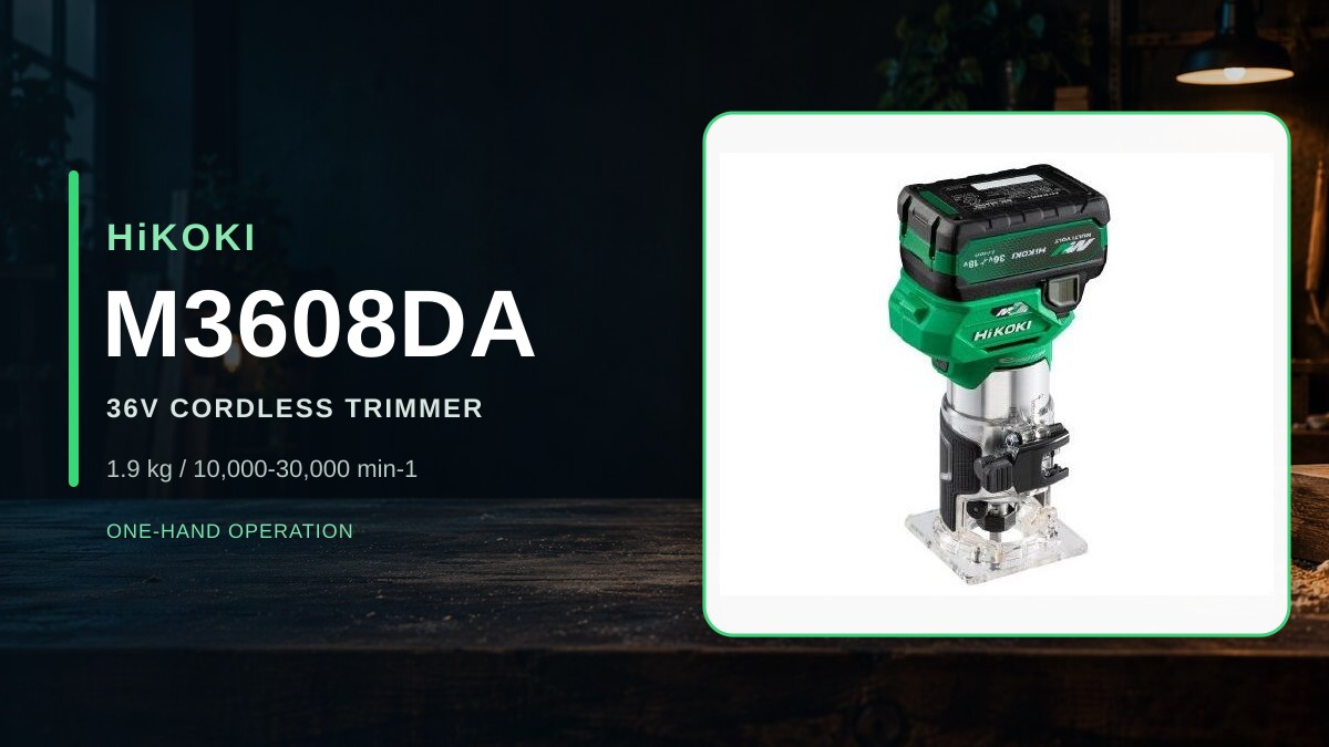 暗い木工作業場を背景にHiKOKI M3608DAの公式実物写真を配置したアイキャッチ
